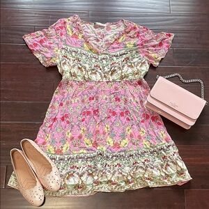 Vintage Style Pink Floral Boho Cottagecore Dress Ruffle Neck Tiered Hem 2XL